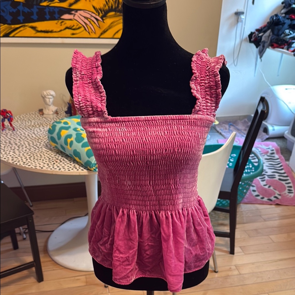Anthropologie Pink Smocked Ruffled Peplum Blouse